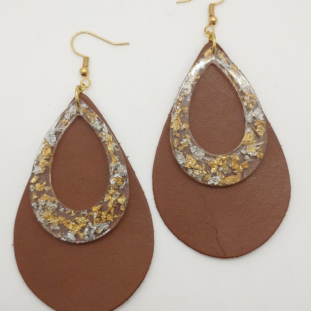 Earrings Brown Faux Leather w/ Gold & Silver Teardrop - Picture 1 of 2